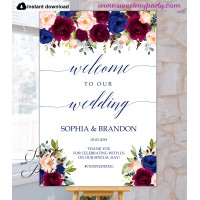 Burgundy Blush Navy welcome sign template,(151)